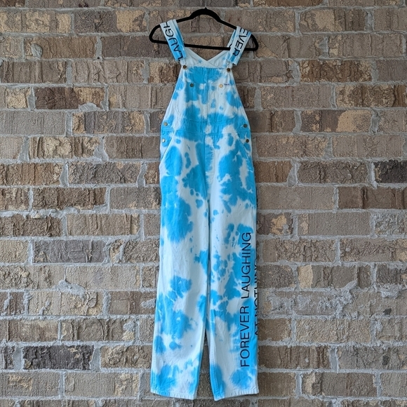 Flan Labs Aqua Blue White Tie Dye Overalls Size XS Forever Laughing at Nothing - Picture 9 of 9